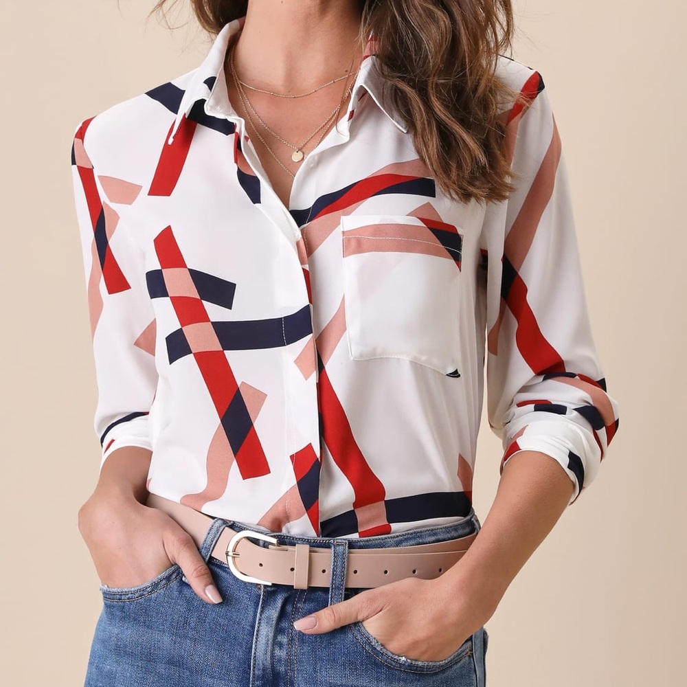 Lulu's Red, Navy, and White Geometric Print Button-Up Long Sleeve Top